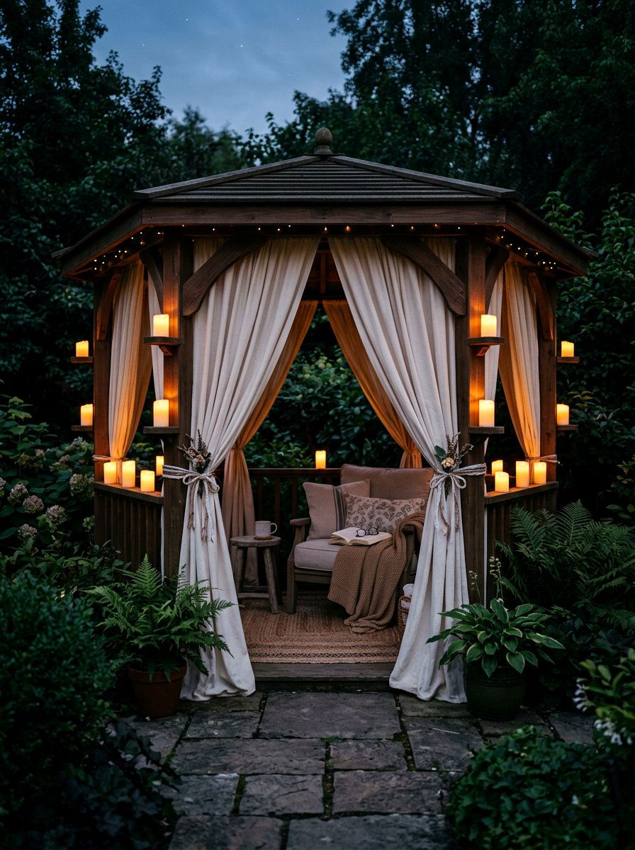 Battery Operated Candles On Curtain Tiebacks - 30 gazebo curtain lighting ideas