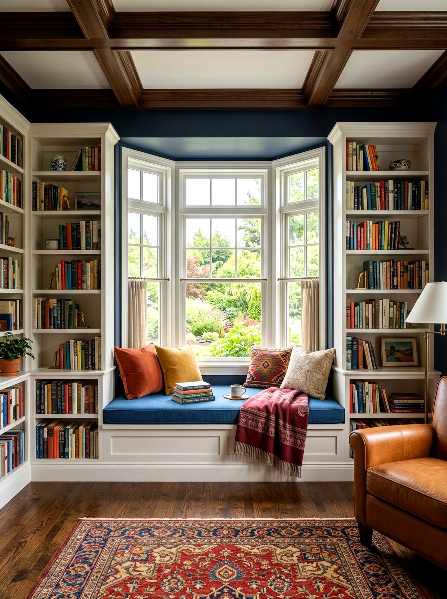 Bay window seat with bookshelves - 30 bay window seating living room ideas