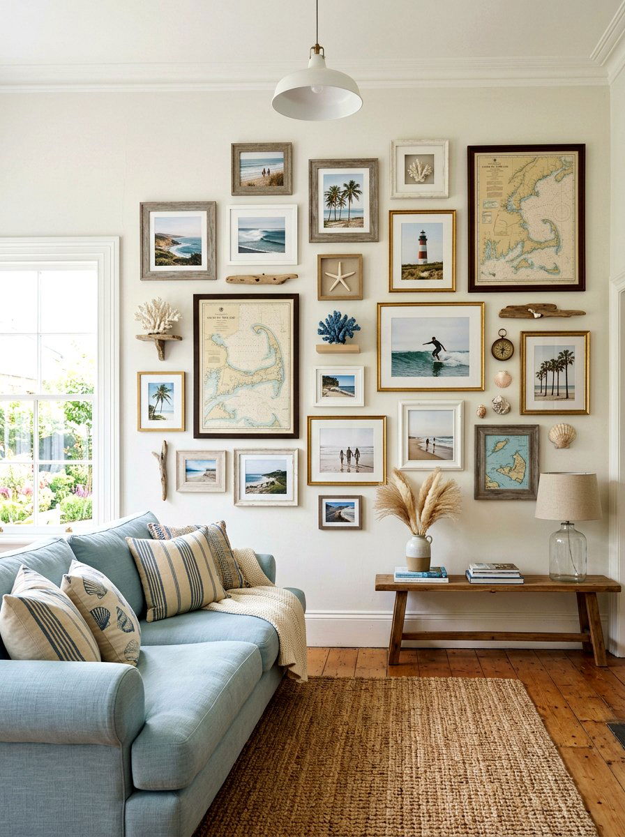Beach Gallery Wall Living Room - 30 ocean inspired living room ideas