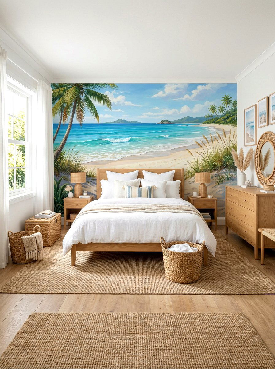 Beach scene wall mural - 30 landscape mural bedroom ideas