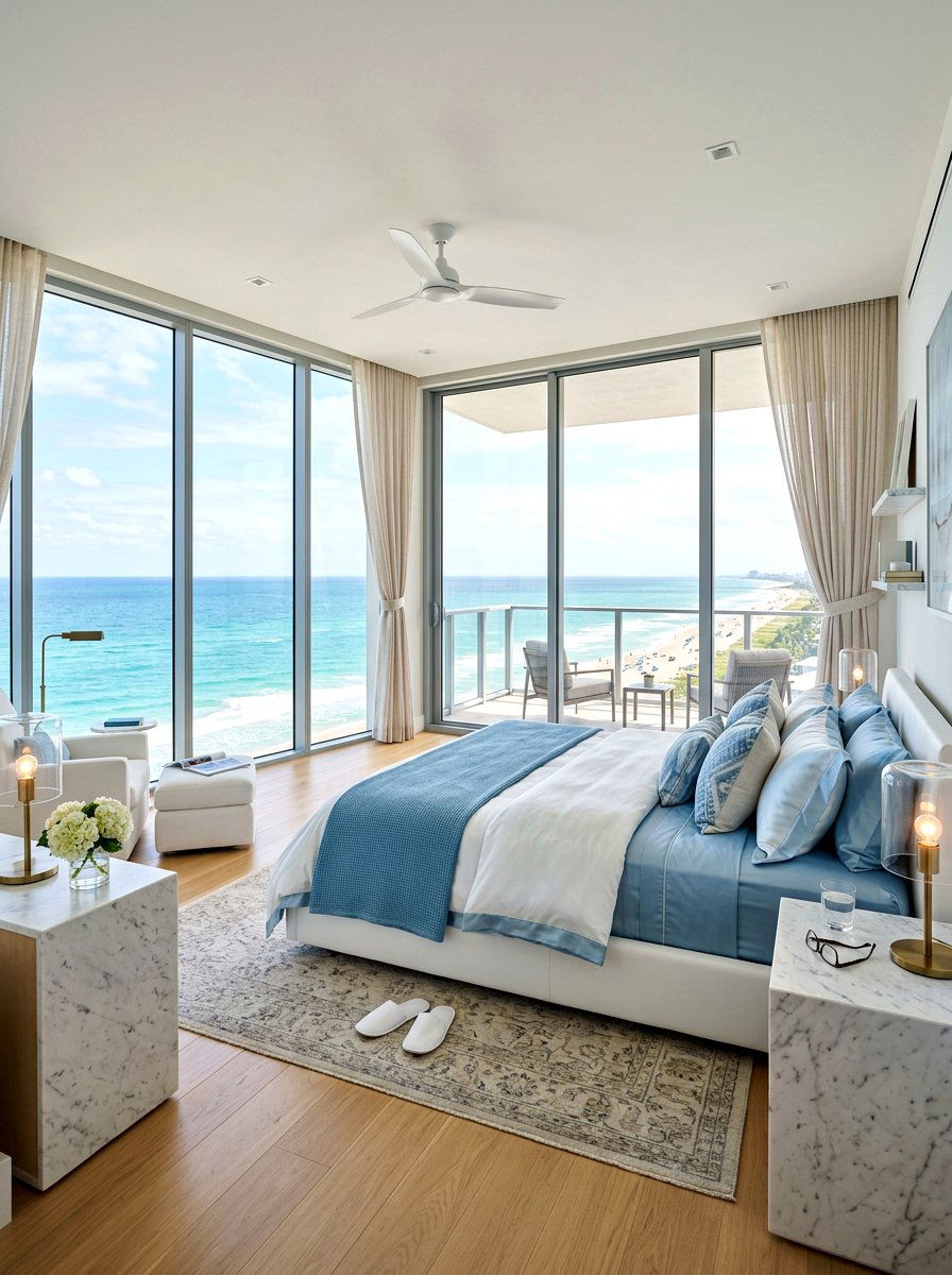 Beachfront penthouse bedroom with floor to ceiling windows - 30 coastal bedroom ideas