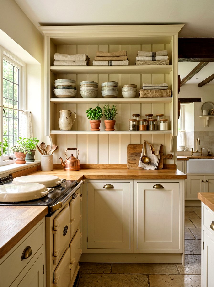 Beadboard Backed Kitchen Shelf - 30 French cottage kitchen shelf ideas