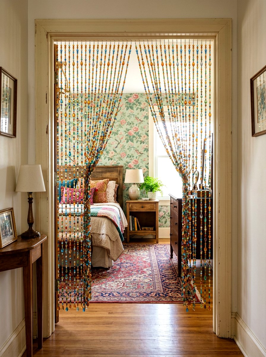 Beaded Door Curtain - 30 maximalist bedroom ideas
