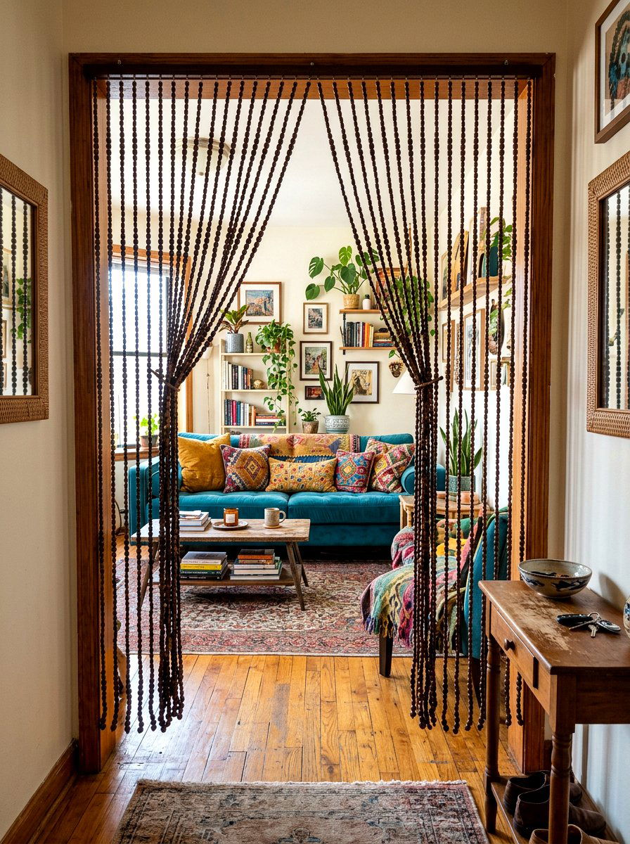Beaded Door Curtain - 30 studio apartment divider ideas