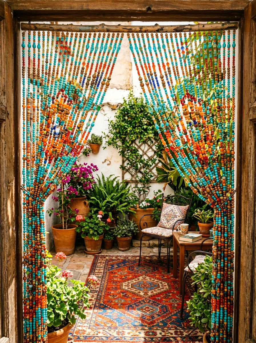 Beaded Door Curtain - 30 bohemian patio decor ideas