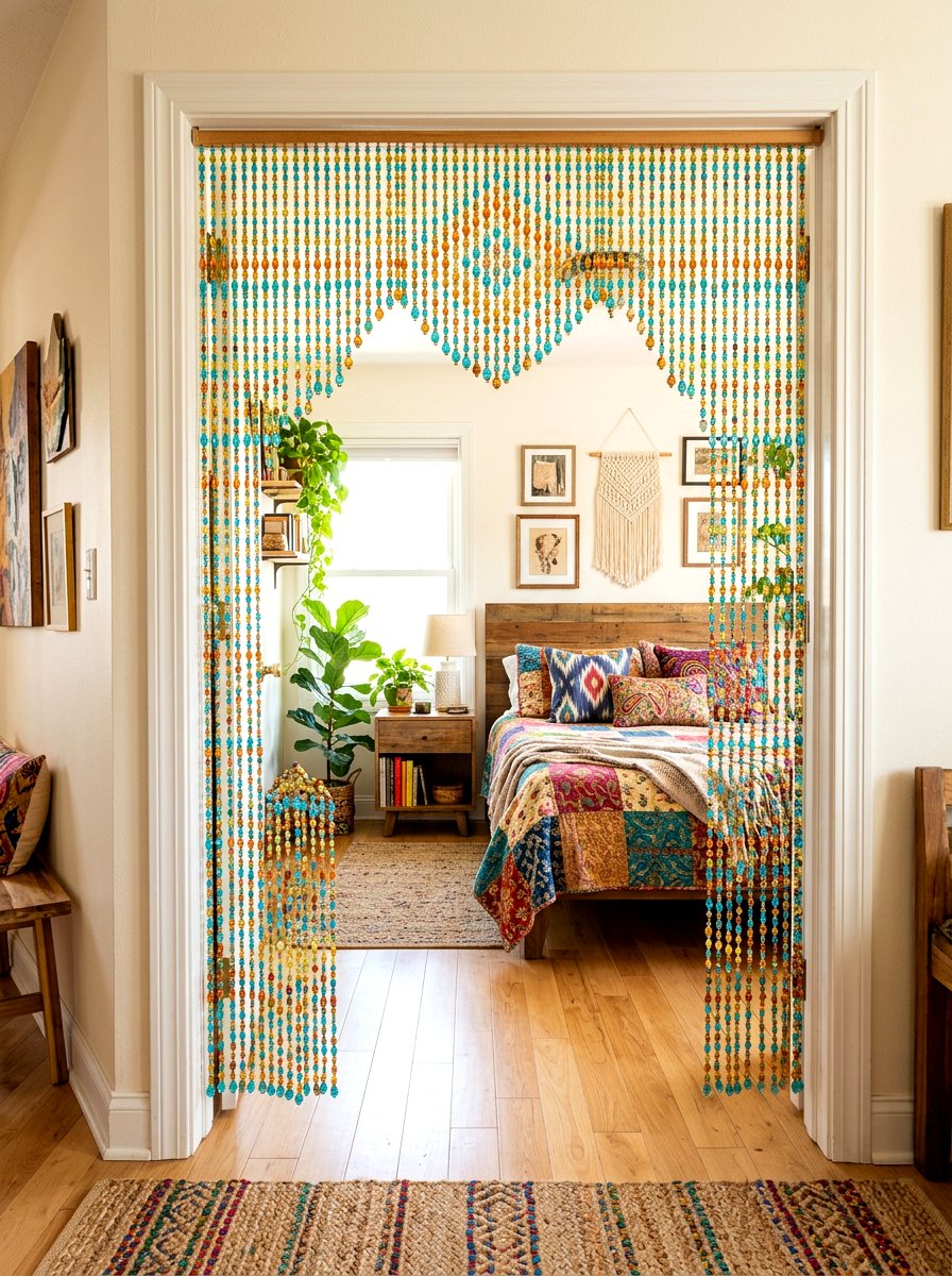Beaded Door Curtain - 30 dopamine bedroom ideas
