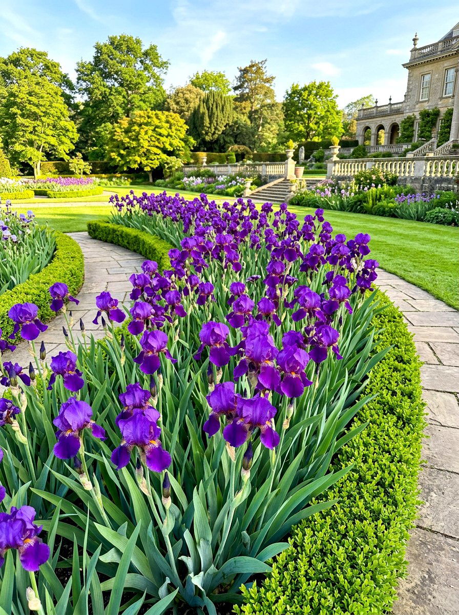 Bearded iris bed - 30 purple flower garden ideas