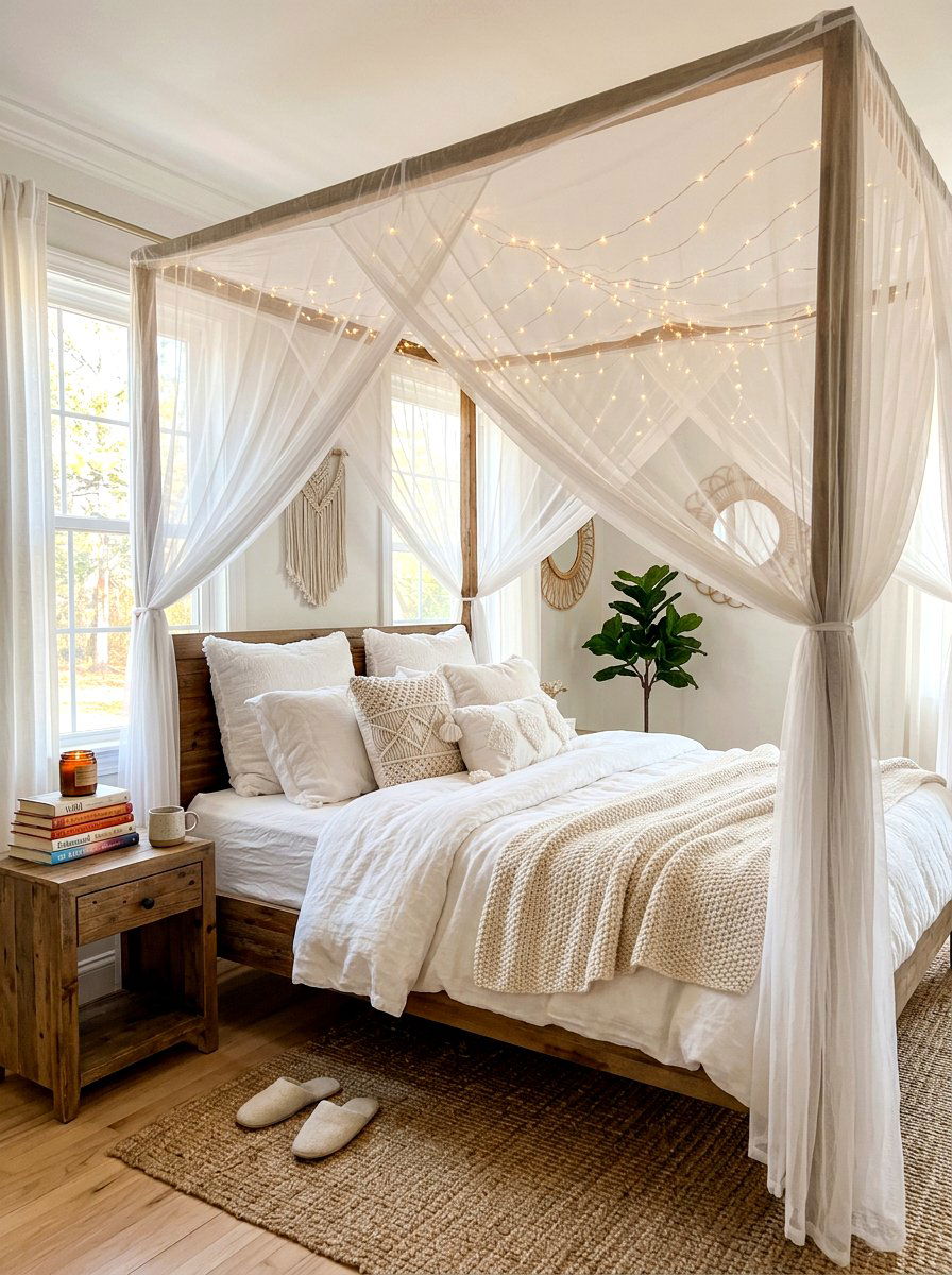 Bed canopy with fairy lights - 30 book lover teen room ideas