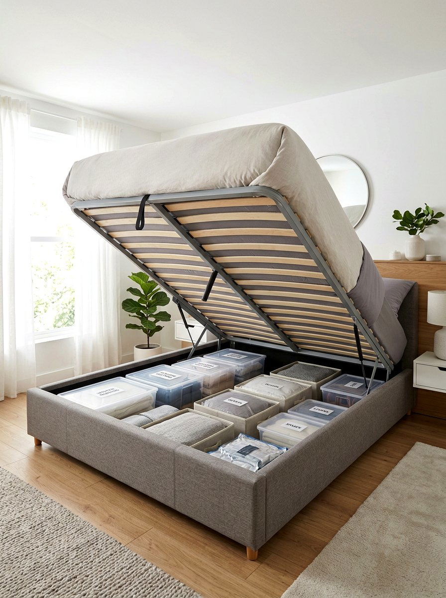 Bed frame with lift up storage - 30 minimalist bedroom storage ideas