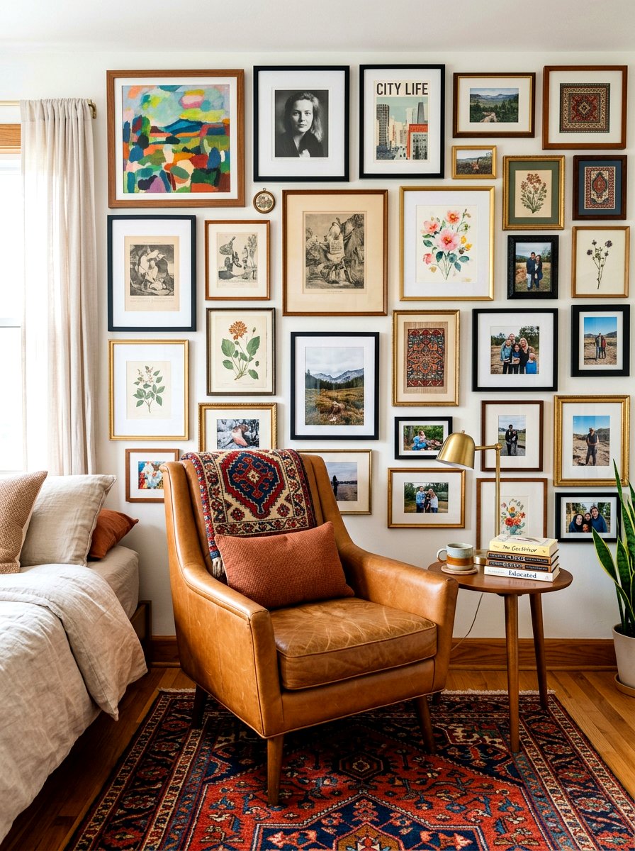 Bedroom gallery wall armchair - 30 bedroom reading corner ideas