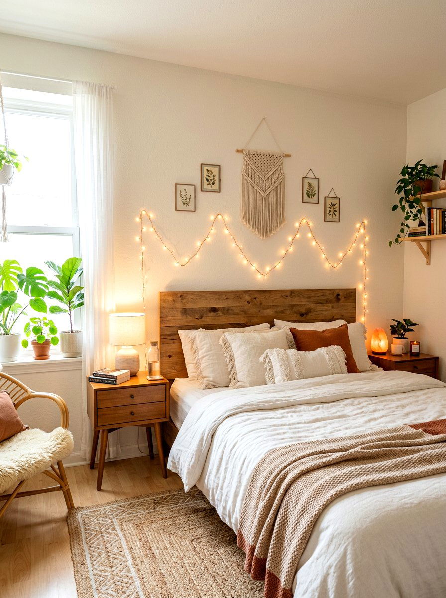 Bedroom wall fairy lights - 30 string light ideas