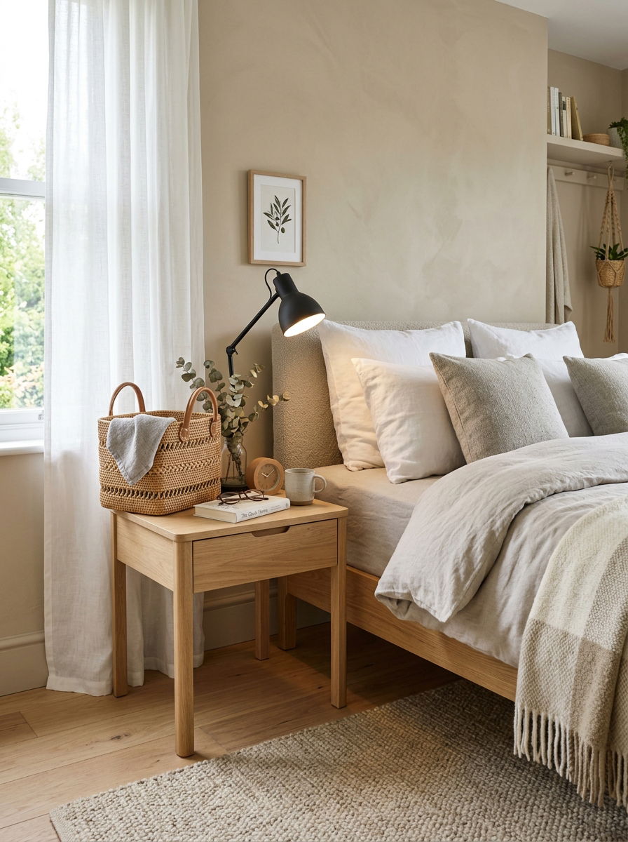 Bedside Table Basket - 30 woven basket decor ideas