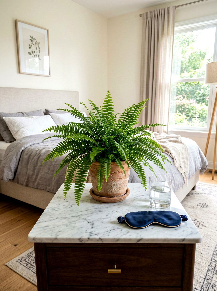 Bedside Table Fern - 30 bedroom plant decor ideas