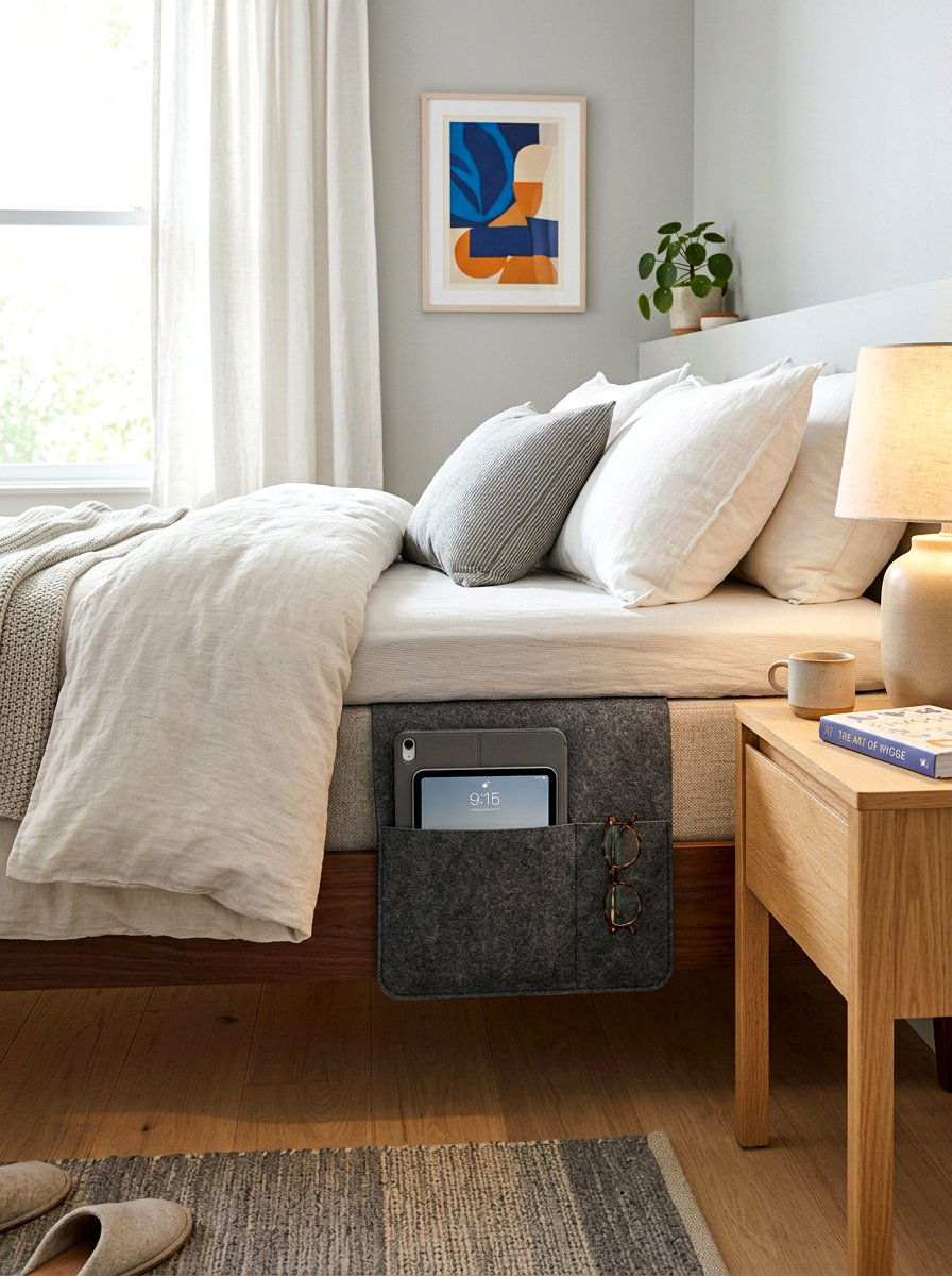 Bedside pocket organizer - 30 minimalist bedroom storage ideas