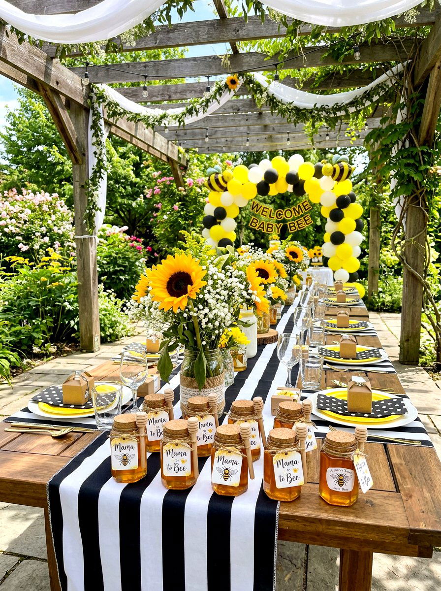 Bee baby shower table - 30 garden baby shower table ideas