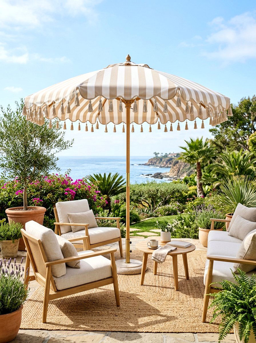 Beige And White Striped Tassel Umbrella - 30 poolside striped umbrellas ideas