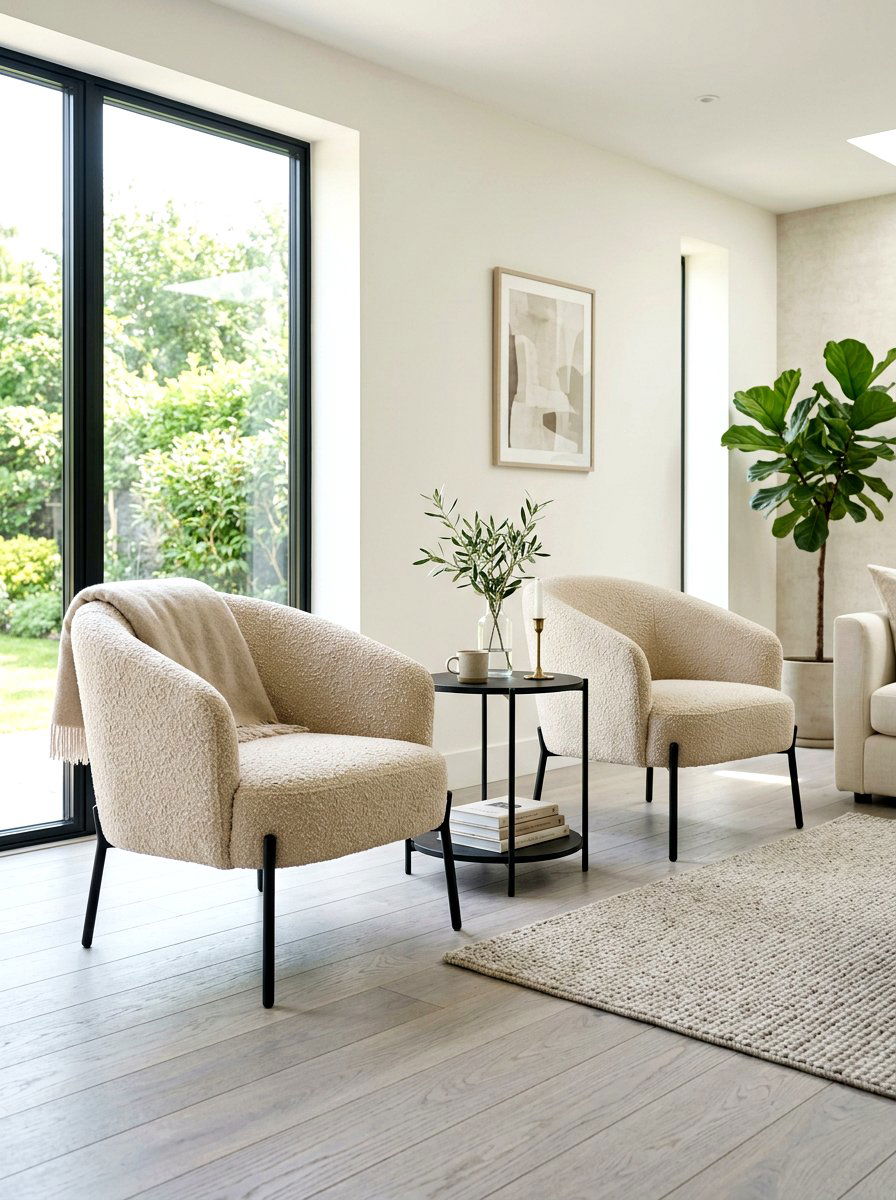 Beige Boucle Chairs With Black Legs - 30 black and beige living room ideas