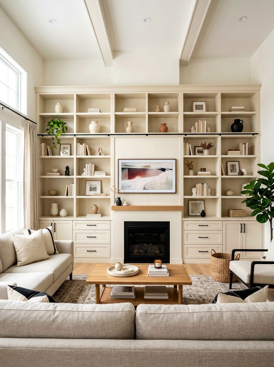 Beige Built In Cabinets With Black Hardware - 30 black and beige living room ideas