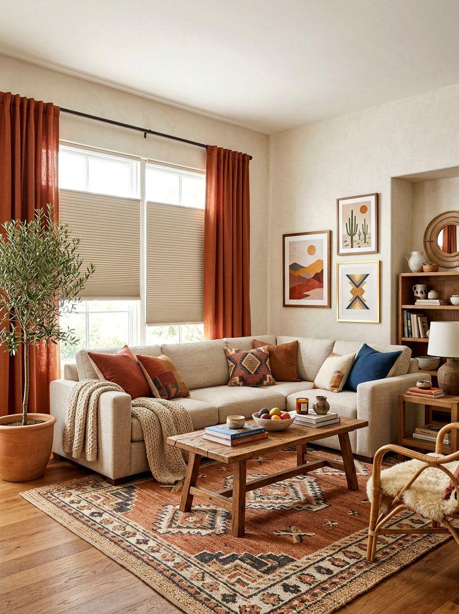 Beige Cell Shade With Terracotta Curtains - 30 blind and curtain combo ideas