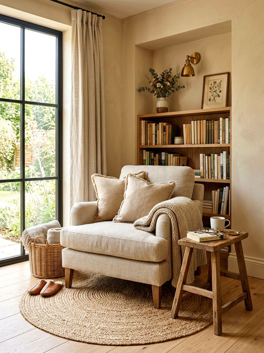 Beige Cozy Reading Nook - 30 neutral holiday decor ideas