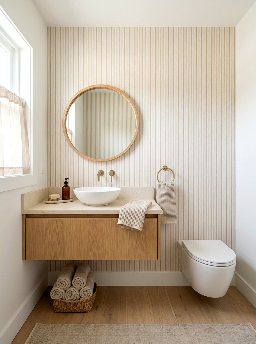 Beige Cream Subtle Pinstripe Bath - 30 stripe powder bath ideas