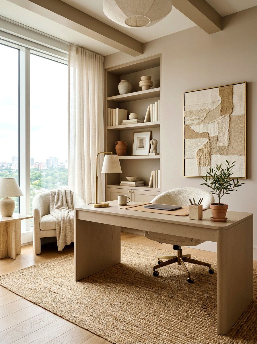 Beige Monochromatic Office - 30 calm neutral office ideas