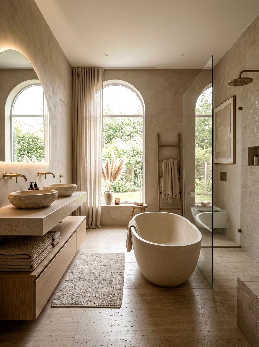 Beige Monochrome Organic Modern Bathroom - 30 organic modern bathroom ideas