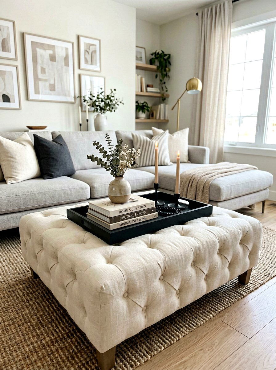 Beige Ottoman With Black Decor Tray - 30 black and beige living room ideas