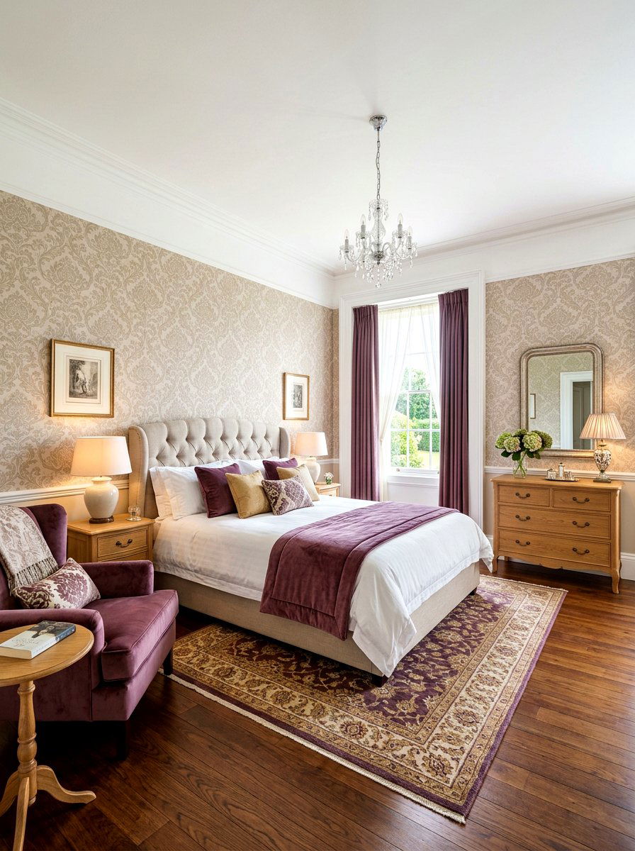 Beige Patterned Wallpaper - 30 plum and beige bedroom ideas
