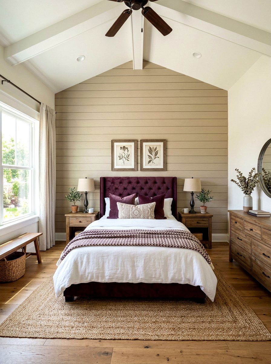 Beige Shiplap Wall - 30 plum and beige bedroom ideas