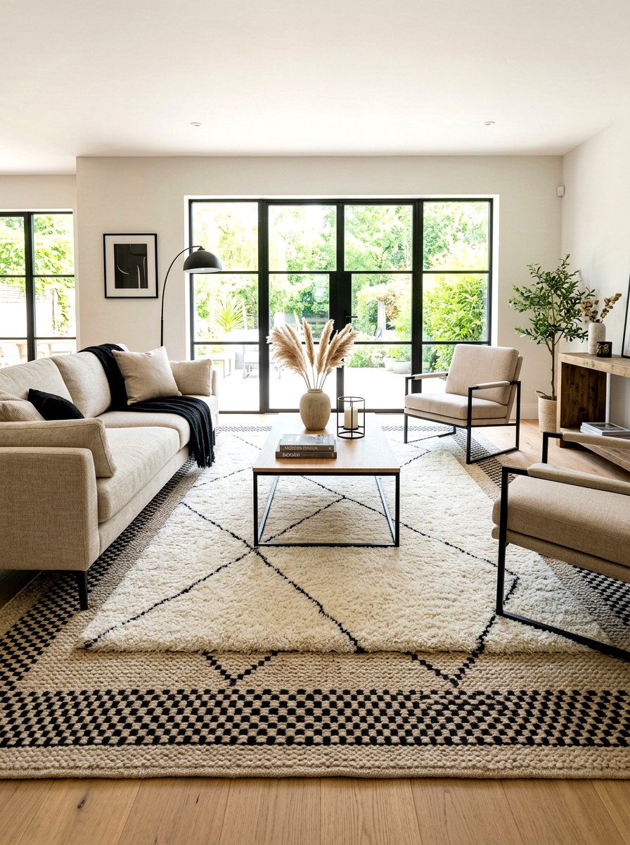 Beige Textured Rug With Black Pattern - 30 black and beige living room ideas