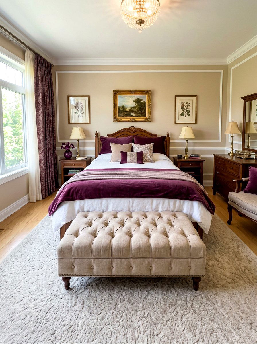 Beige Tufted Ottoman - 30 plum and beige bedroom ideas