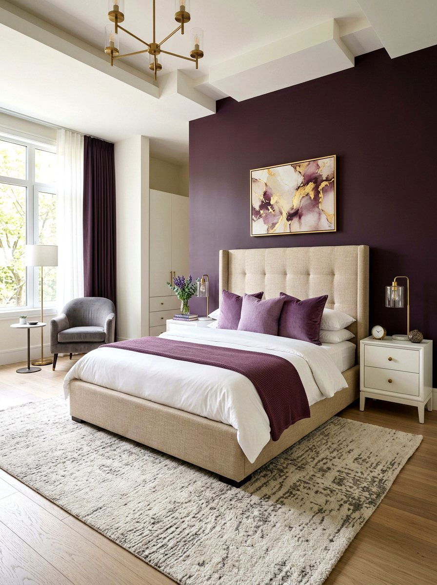 Beige Upholstered Bed - 30 plum and beige bedroom ideas