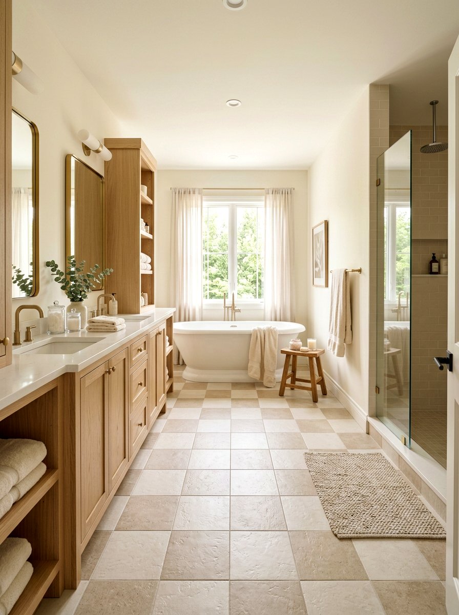 Beige and ivory neutral bathroom tile - 30 checkerboard bath floor ideas