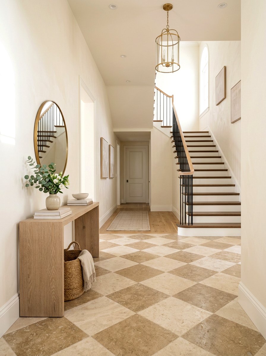 Beige and tan stone foyer - 30 checkerboard foyer floor ideas