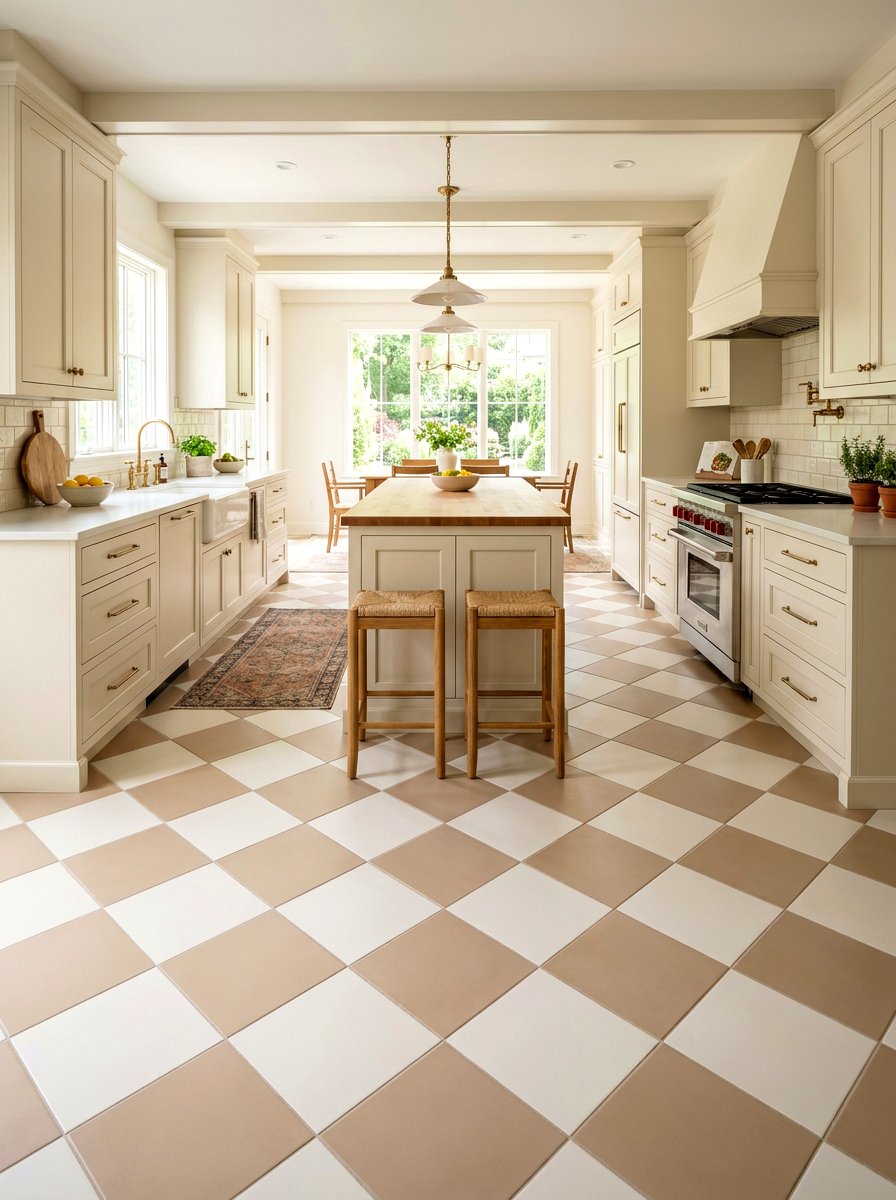 Beige and white checkerboard flooring - 30 checkerboard kitchen tile ideas