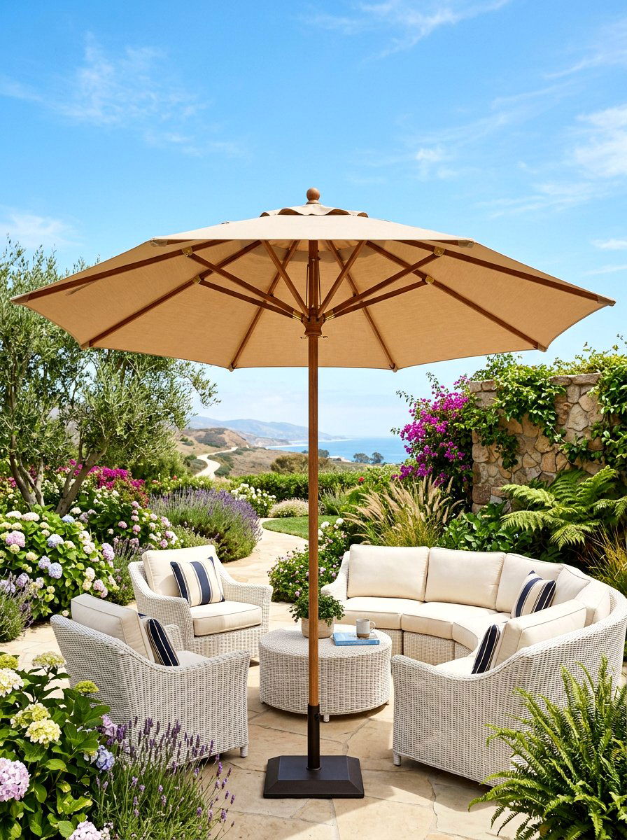 Beige canvas patio umbrella - 30 neutral backyard styling ideas