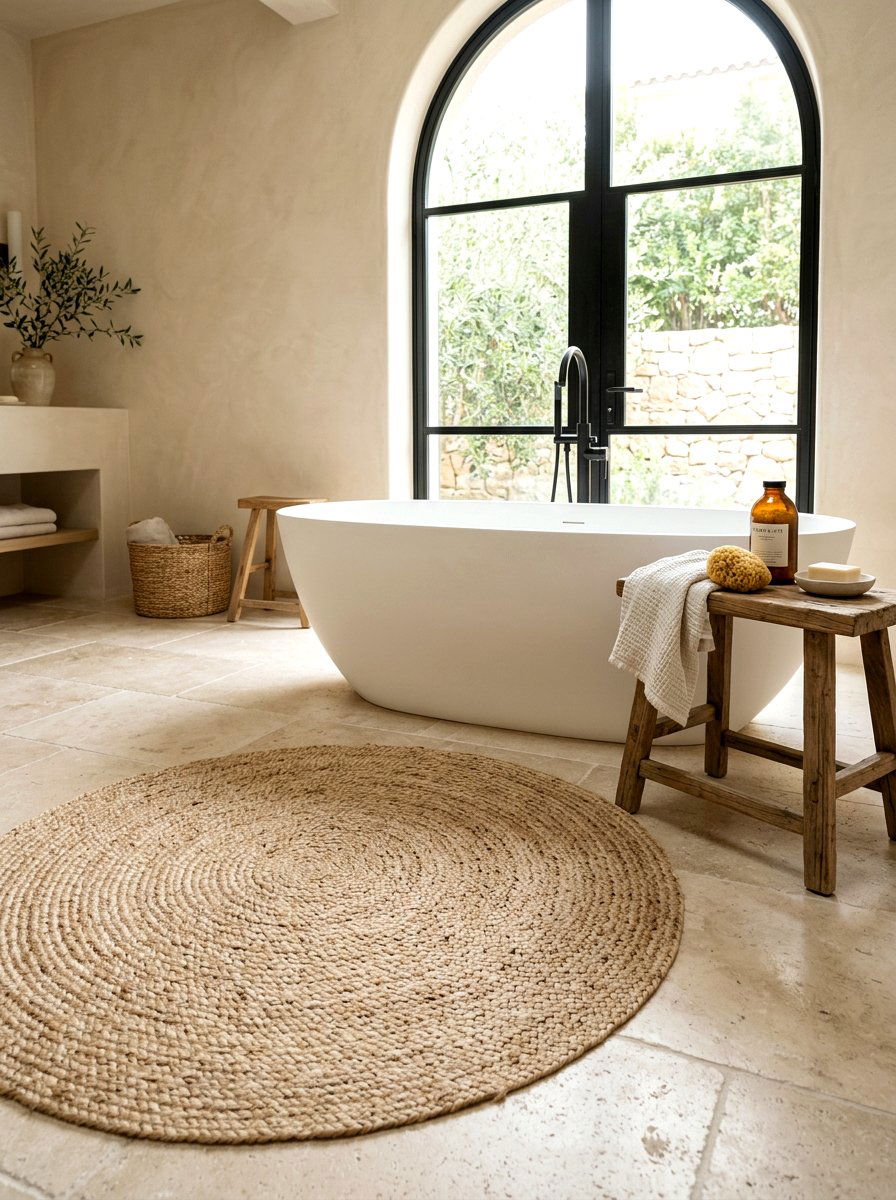 Beige jute bathroom rug - 30 coastal grandmother bathroom ideas