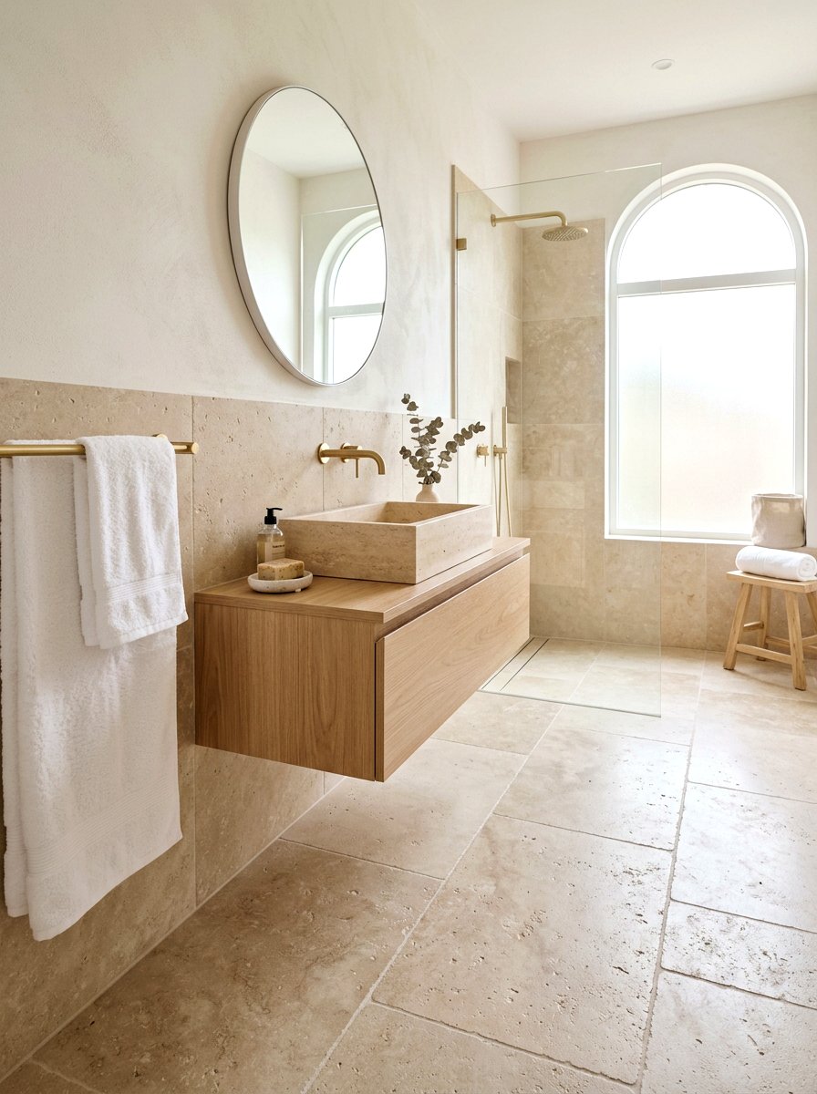 Beige limestone texture floor tile - 30 removable tile bathroom ideas