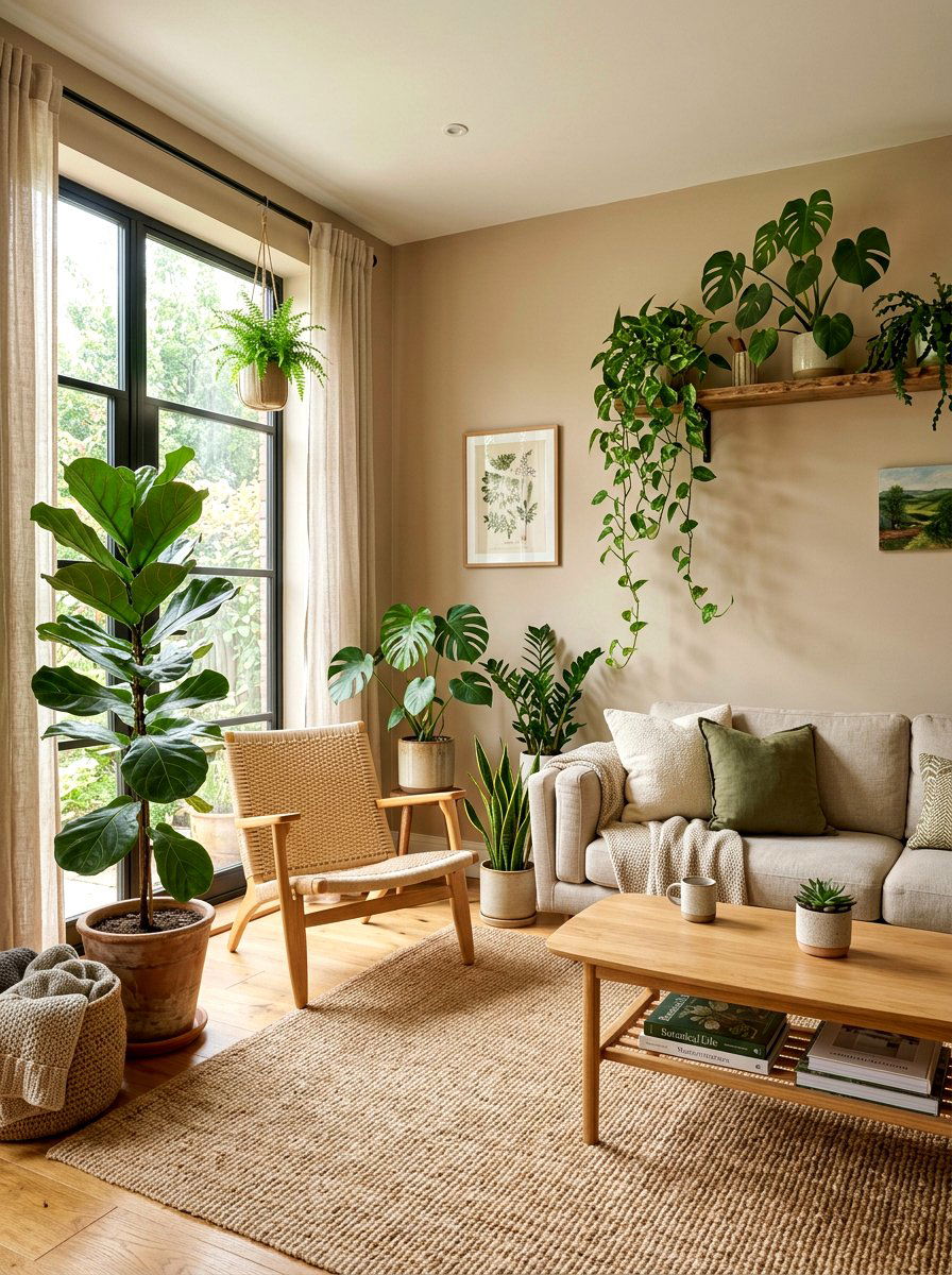 Beige living room with plants - 30 beige living room ideas
