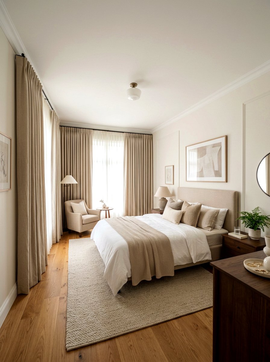 Beige pleated curtains - 30 light academia bedroom ideas
