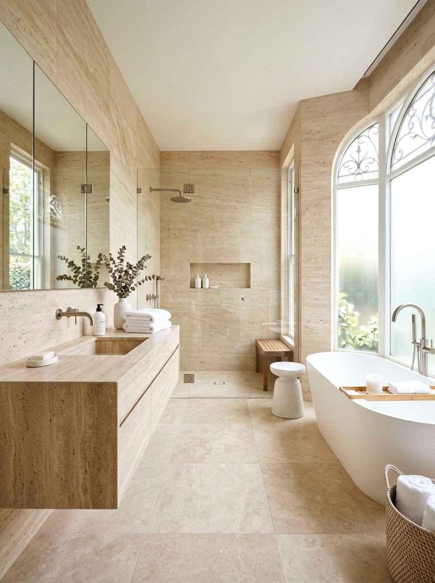 Beige travertine bathroom - 30 travertine vanity bathroom ideas