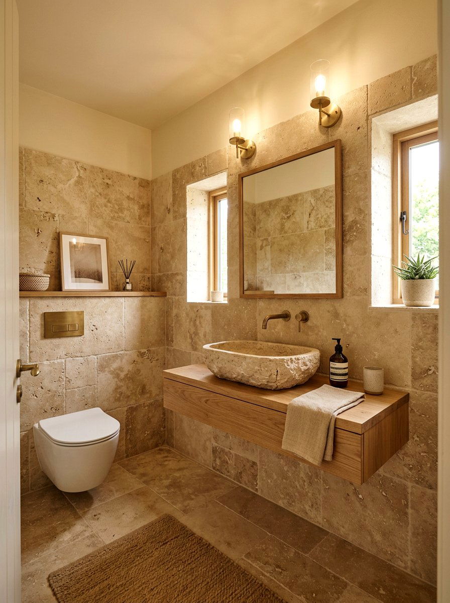 Beige travertine powder room - 30 spa like powder room ideas