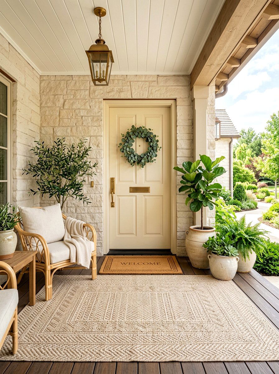Beige woven cotton rug - 30 porch doormat layering ideas