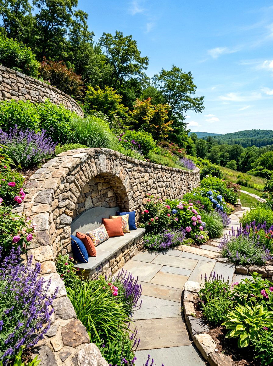 Bench Built Into Hill - 30 sloped yard landscaping ideas
