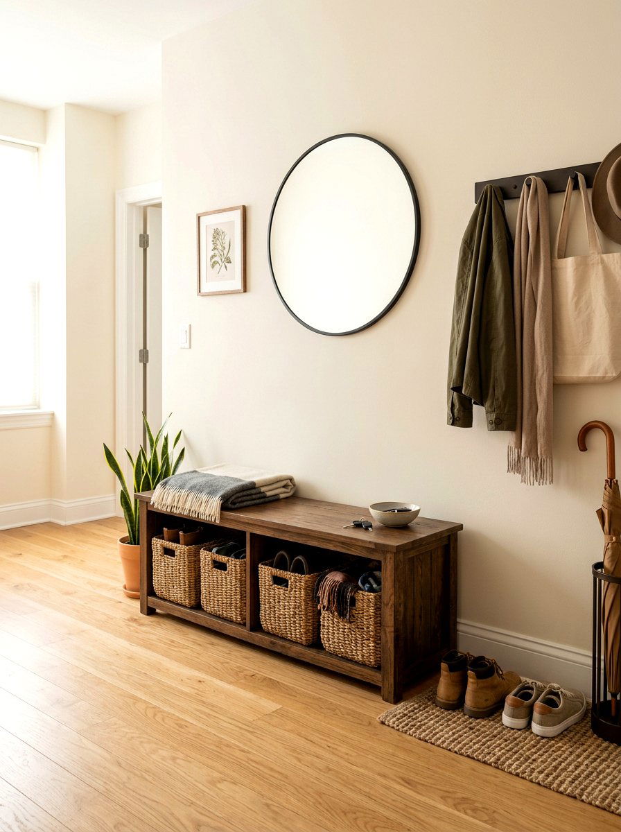 Bench With Baskets - 30 apartment entry bench ideas