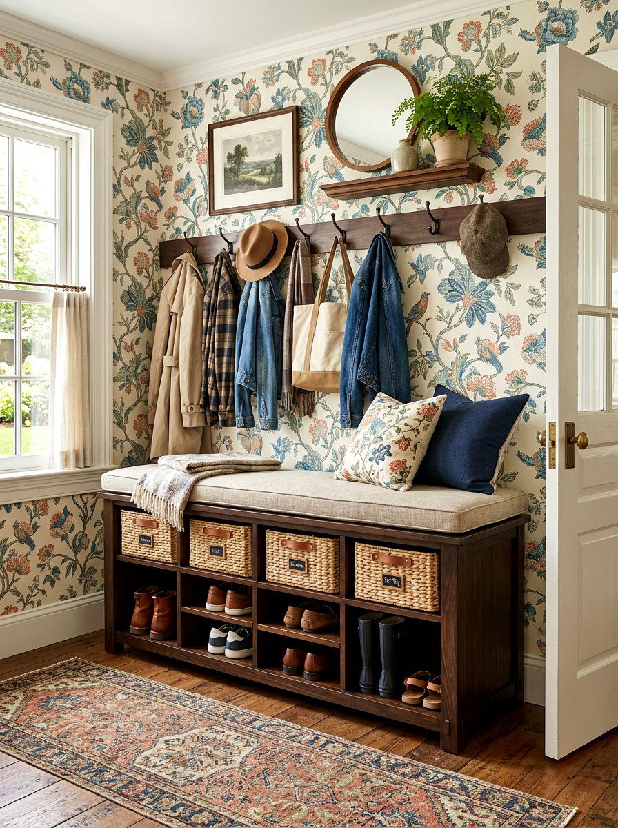 Bench With Wicker Basket Cubbies - 30 shoe cubby bench ideas