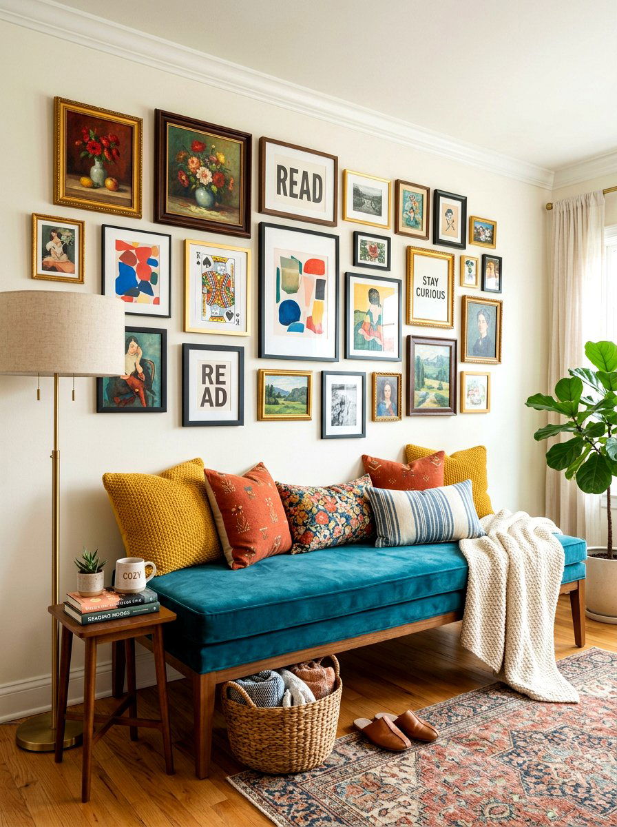 Bench and gallery wall combo - 30 salon wall entry ideas