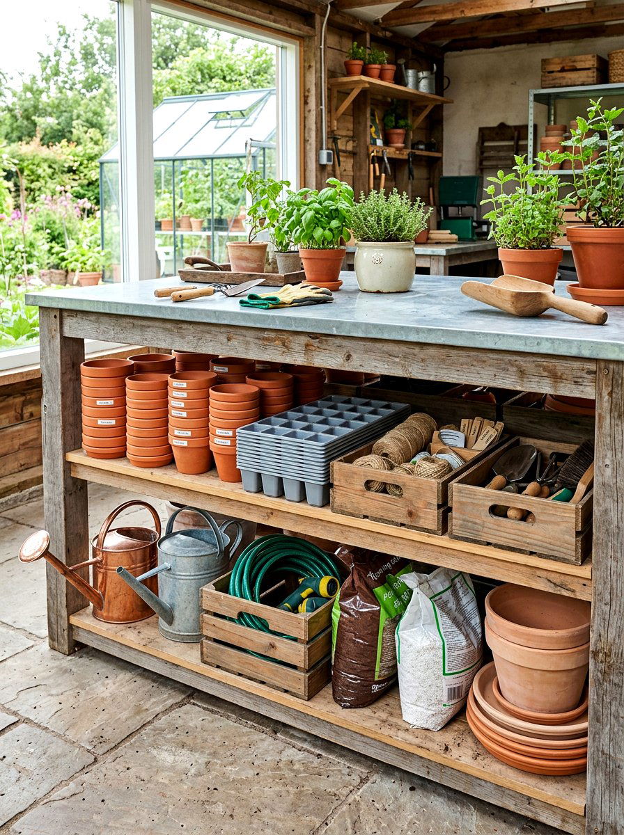 Bench storage - 30 greenhouse storage ideas