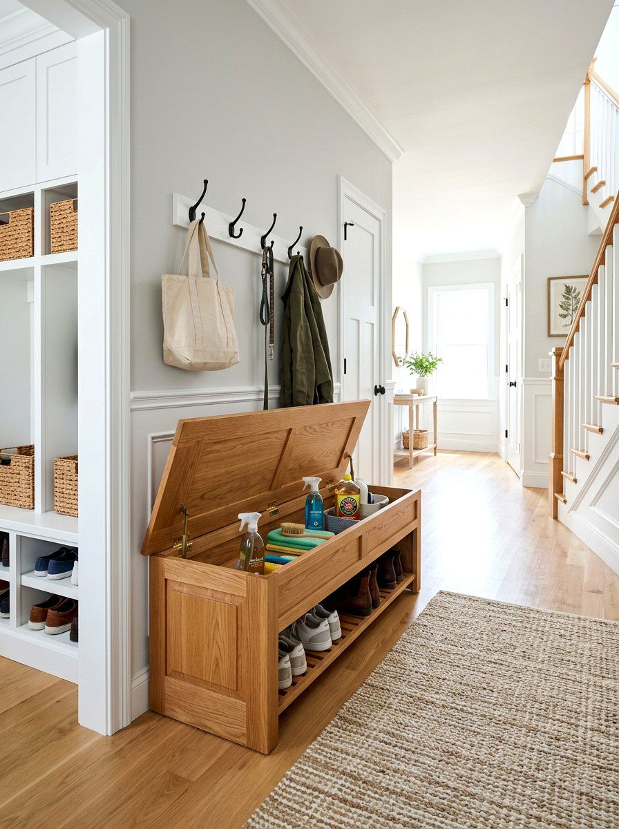 Bench with hidden storage - 30 cleaning supply storage ideas